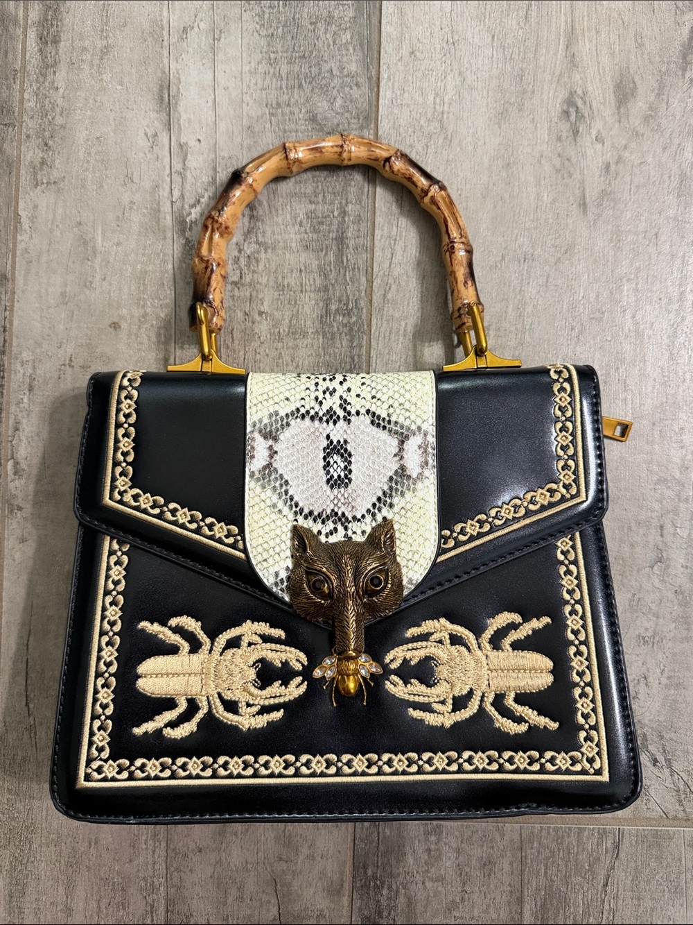 Black and Gold Embroidered Top-Handle Bag with Bamboo Handle